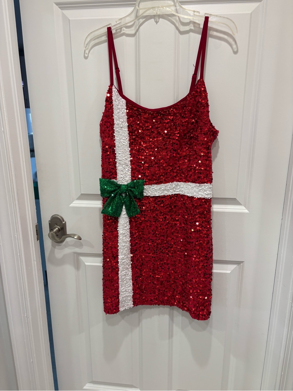 Ladies Red Sequin Holiday Dress with Green Bow